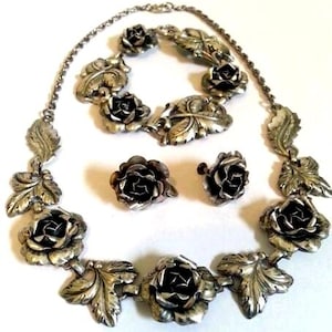 Vintage marked Sterling Silver roses necklace bracelet earrings jewelry set retro fashion
