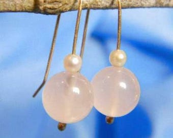 14k Solid yellow Gold Earrings with Rose Quartz Gemstone and Pearls handmade