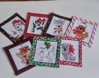 Christmas puppies mug rug, Quilted mug rugs, Fabric coasters, Christmas gift, Pet mug rug, Set of 3