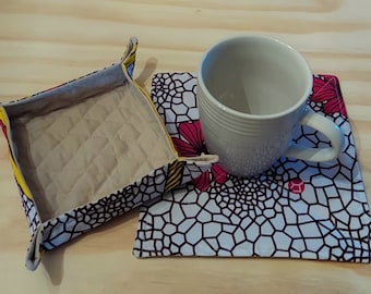 Handmade fabric mug rug and tray, Valet tray, Quilted tray, Quilted mug rug