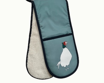 Fazant dubbele ovenhandschoenen in lichtblauw met badstof onderkant van Cluck Cluck!