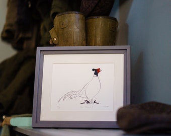 Mr.Pheasant framed edition print in grey box frame from Cluck Cluck with real feather