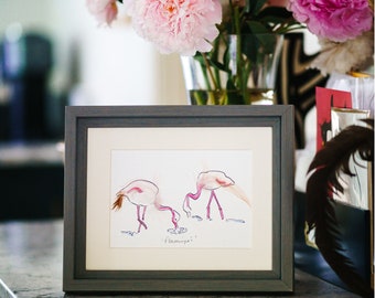 Flamingo Feather Print framed in Grey box frame, hand finished with pale pink feathers