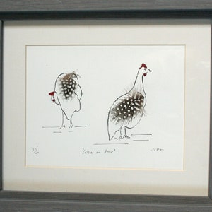 Guinea Fowl art Edition edition Print &#39;Come on Dear &#39; with spotty guinea fowl feathers from Cluck Cluck