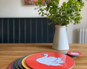 Set of 6 different colourful Placemats & Coasters 25cm round Gloss finish