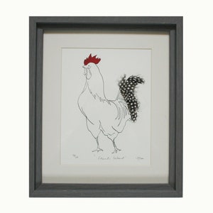 Cockerel Rooster hen Edition edition Print with spotty guinea fowl feathers signed
