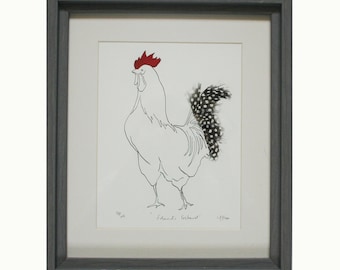 Cockerel Rooster hen Edition edition Print with spotty guinea fowl feathers signed