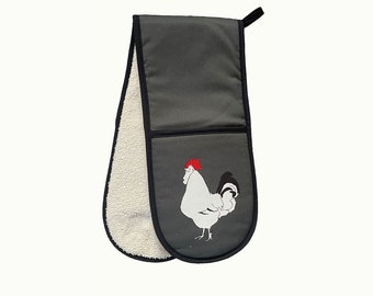 Double Oven gloves padded in Grey with Cockerel Rooster design