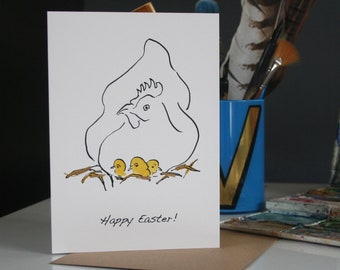 Easter card with hen and chicks, hand finished with water colour