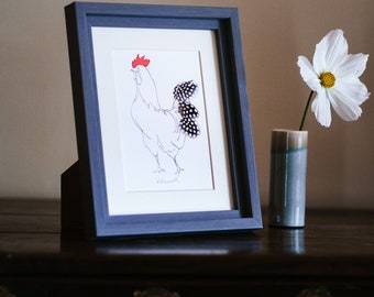 Framed Mini Print Edward Rooster with real guinea fowl feathers from Cluck Cluck