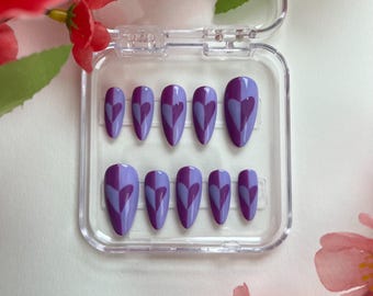 Valentine's Day Purple and Lavender Check Heart Print Press-On Nails.