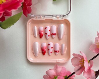 Valentine's Day Pink and Red Heart and Candy Press-On Nails.