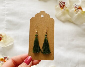 Army Green Gold Tassel Drop Earrings, Small Tassel Earrings, Fringe Tassel Earrings, Hypoallergenic Hook Earrings