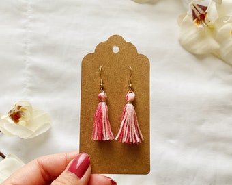 Strawberry Milk Two Tone Rose and Pink Gold Tassel Drop Earrings, Small Tassel Earrings, Fringe Tassel Earrings, Hypoallergenic Hook Earring