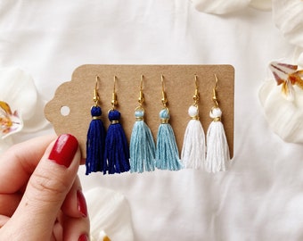 Sand and Sea Blue Gradient and Gold Tassel Drop Earrings, Small Pink Tassel Earrings, Fringe Tassel Earrings, Hypoallergenic Hook Earrings