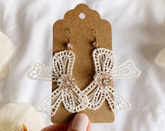 White Lace and Bow with Lotus Flowers  Earrings Appliqué Bows Kawaii Earrings Hypoallergenic Hook  Earrings