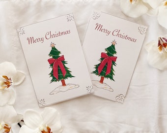 Ilustración de acuarela para tarjeta navideña con árbol de Navidad imprimible