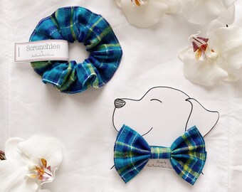 Puppers and Me Matching Large Scrunchie and Dog BowTie  Set Blue and Green Plaid Print Pet Bow