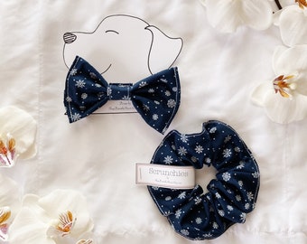 Puppers and Me Matching Large Scrunchie and Dog BowTie  Set Dark Blue and Snowflake Print Pet Bow