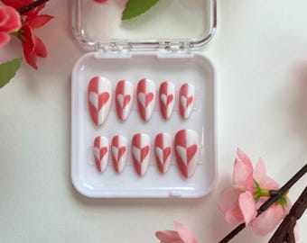 Valentine's Day Pink and White Heart Check Press-On Nails.