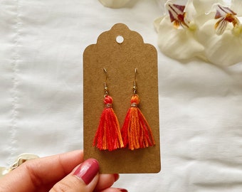 Sunset Orange Two Tone Gold Tassel Drop Earrings, Small Tassel Earrings, Fringe Tassel Earrings, Hypoallergenic Hook Earring