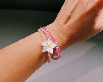 Pink tone stackable beach vibe beaded bracelets, stackable bracelets set boho style