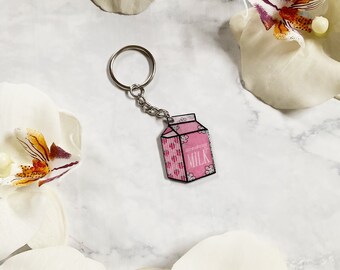 Pink Strawberry Milk Carton Keychain Resin Charm