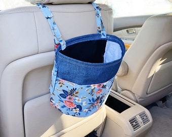 Botanical Floral Rifle Paper Print Car Trash Bin Trash Can 3 ways to hang with trash bag option and pockets.