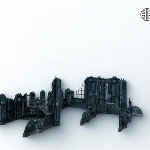 May include: A miniature, dark gray, ruined building model with architectural details. The model includes sections of walls, arches, and a window. The letters "HB 4K" are in the upper right corner.