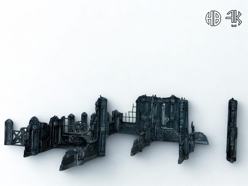 May include: A miniature, dark gray, ruined building model with architectural details. The model includes sections of walls, arches, and a window. The letters "HB 4K" are in the upper right corner.