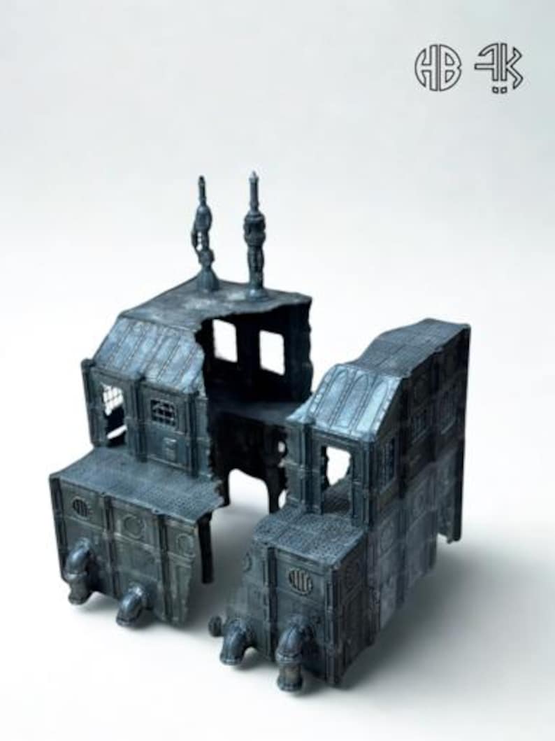 May include: A detailed, miniature model of a futuristic building, featuring a dark gray color scheme with intricate architectural details. The model has a weathered appearance, with pipes and industrial elements. The top right corner has the text "HB 4K".