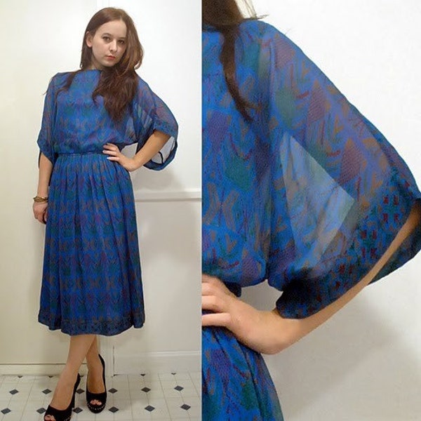 Vintage 70s Sheer SILK Blue Ethnic TRIBAL Print Shawl Dress