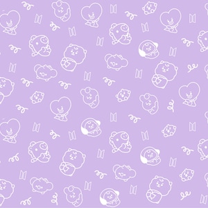 Könnte beinhalten: Ein sich wiederholendes Muster aus weißen Cartoon-Charakteren und Symbolen auf hellviolettem Hintergrund. Die Charaktere umfassen herzförmige Gesichter, wolkenartige Figuren und andere stilisierte Formen. Das Design ist skurril und verspielt.