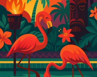 Tiki Flamingo Wall Art Print, Tropical Mid Century Modern Art, Retro Island Decor, Flamingo Digital Download, Colorful Beach Art