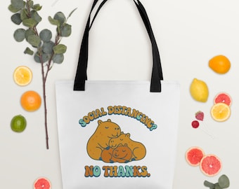 Capybara Tote Bag – “Social Distancing? No Thanks.” | Funny Animal Eco Tote | Retro 70s Vibe Beach Bag | Gift for Capybara Lovers