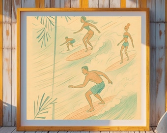 Mid-Century Modern Surf Art Print | Retro Surfing Sketch (Digital Download)