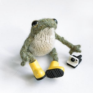 Könnte beinhalten: Ein grüner Strickfrosch mit gelben Gummistiefeln und einer kleinen Schwarzweißkamera.