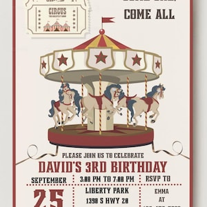 ZIRKUS GEBURTSTAG-EINLADUNG, Einladung Vorlage, Geburtstagseinladung, Party Dekor, Sammeleinladungen, Karussell, Pferde, Zirkus, Jahrmarkt