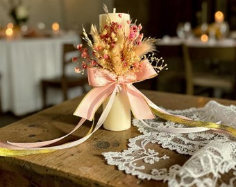 Baptism Candle with Dried Flowers, Wedding Unity Candle