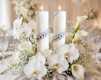 Elegant Handmade Wedding Candle with Silver Crystals & Pearls