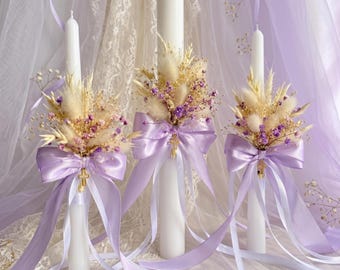 Baptism & Wedding Candles with Purple Flowers and Gold Cross