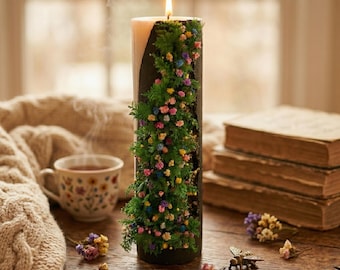Personalized Large Pillar Candle with Preserved Moss & Floral