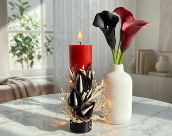 Handgemaakte Calla Leliekaars – Gotisch, elegant zwart-rood decor