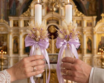 Taper Baptism Candles with Lilac Dried Flowers  for Ceremony, Godparent Gift, Nursery Decor