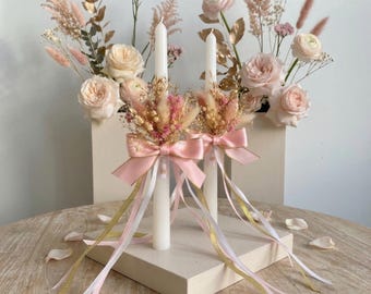Taper Baptism Candle with Pink & Gold Ribbon, Dried Flower for Weddings, Christening