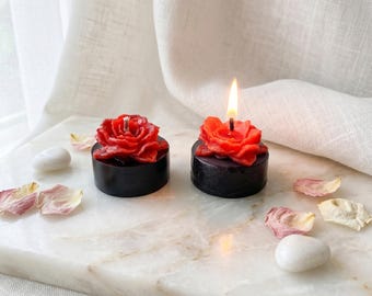 Red Rose Black Pillar Candle - Handcrafted Wax Decor - Unique Romantic Gift