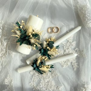 Emerald Green Unity Candle Set for Wedding | Boho Chic Eucalyptus Pillar & Taper Candles