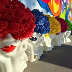 Może przedstawiać: Rząd białych ceramicznych donic w kształcie twarzy z kolorowymi, teksturowanymi 'włosami' w kolorze czerwonym, niebieskim, żółtym, bordowym i zielonym. Każda donica ma pomalowane usta i naszyjnik ze złotą zawieszką w kształcie serca. Tło z kolorowym graffiti.