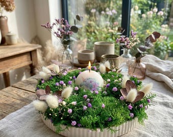 Candlestick with Natural Stabilized Plants, Fairy Garden Table Decor, Candle Gift Set