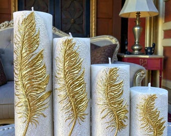 Large 3D Gold Feather Candle • Personalized Pillar Candle